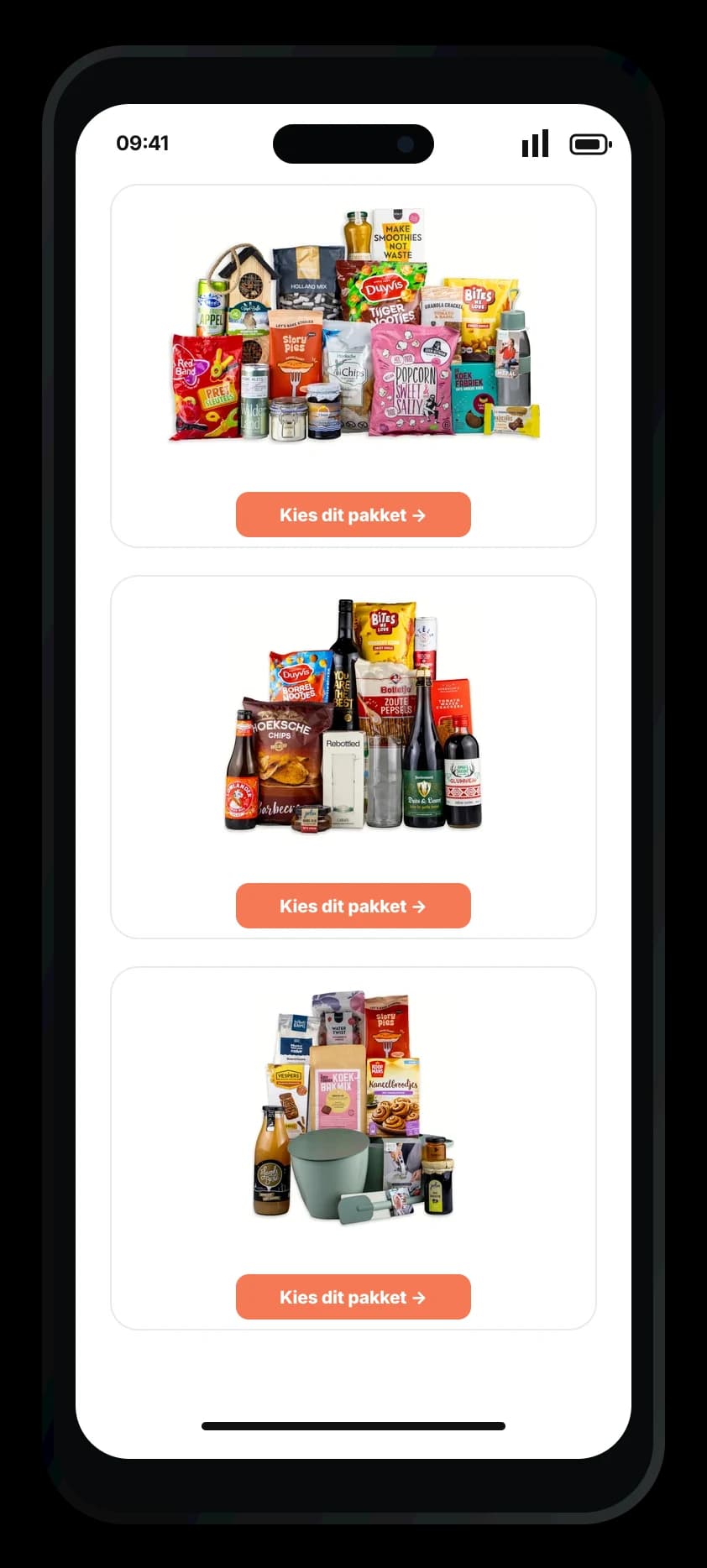 Mobiele keuzeomgeving met kerstpakketten en keuze-buttons